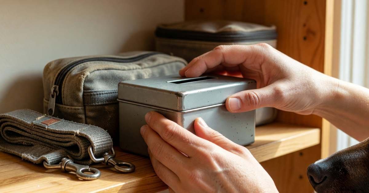 Close-up of hands placing a small plain grey metal cash box on a kitchen shelf next to a folded dog leash and a pet first-aid pouch, illustrating how much a pet emergency fund should hold.