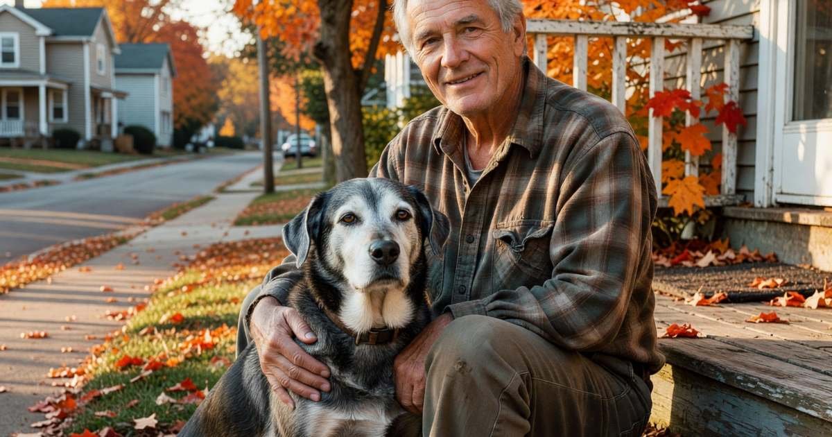 An older man sitting on a porch step with his arm around his elderly grey-muzzled dog, illustrating end-of-life costs for pets in Canada.