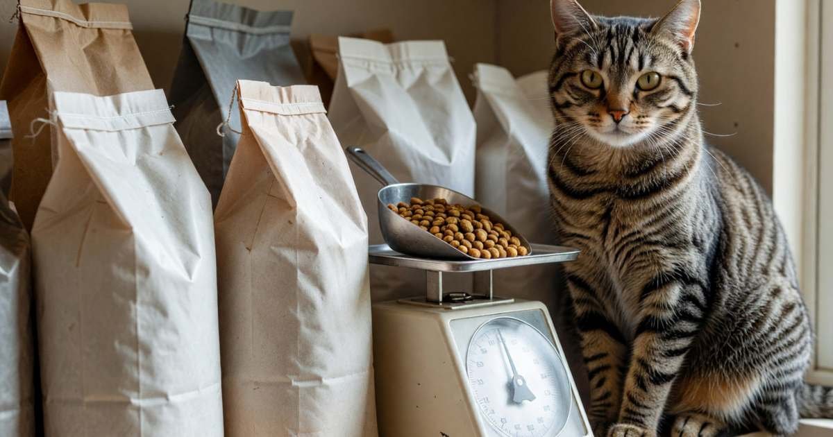 Bags of dry pet food in plain packaging and a kitchen scale with a measured scoop, illustrating comparing pet food cost per day in Canada.