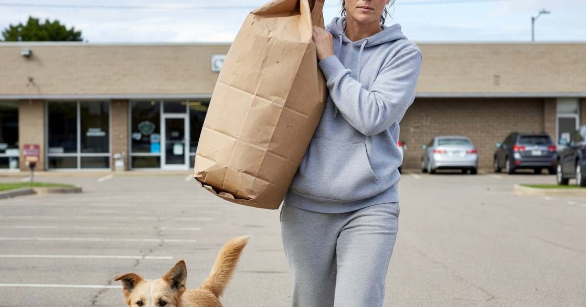 A woman carrying a large bag of dog food out of a pet store, her dog trotting beside her, illustrating pet food prices in 2026 and protecting your budget.