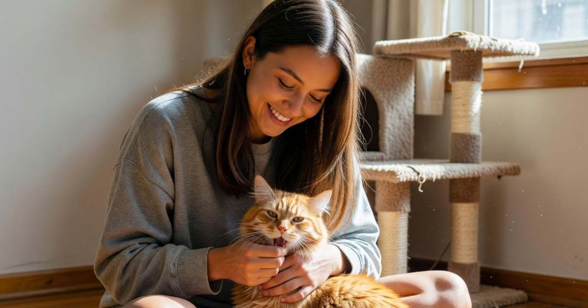 A young woman sitting on the floor of her living room hugging her cat while scratching its chin, illustrating accident-only vs accident and illness vs wellness pet insurance plans in Canada.
