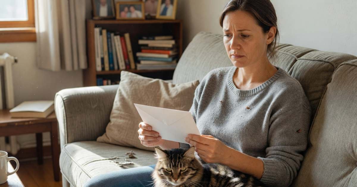 A woman on her sofa with her cat on her lap, looking at a plain envelope with mild concern, illustrating why pet insurance premiums rise at renewal.