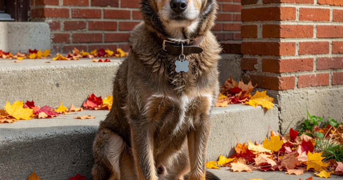 A dog wearing a collar with a blank metal tag sitting on a front step, illustrating pet licence fees in Canadian cities.