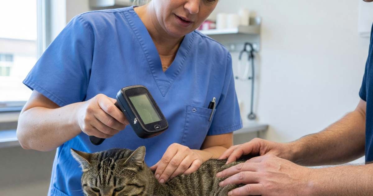 A vet scanning a calm cat with a handheld microchip scanner, illustrating pet microchipping costs and registration in Canada.