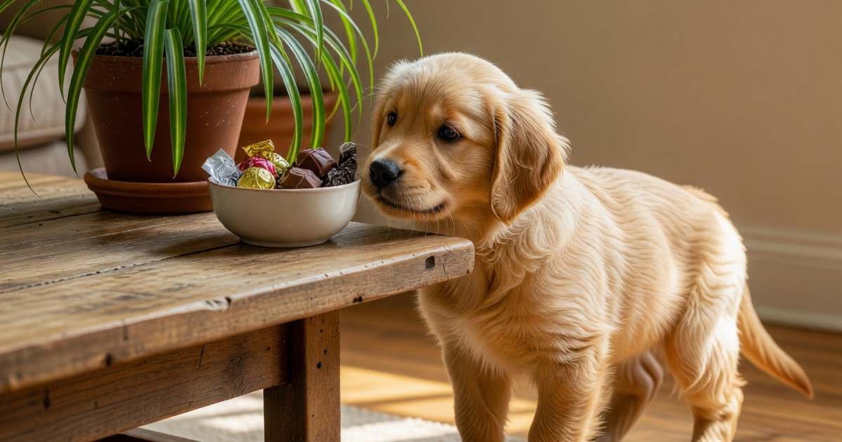 A curious puppy sniffing a houseplant and a bowl of chocolates on a low coffee table, illustrating pet-proofing to avoid emergency vet bills.