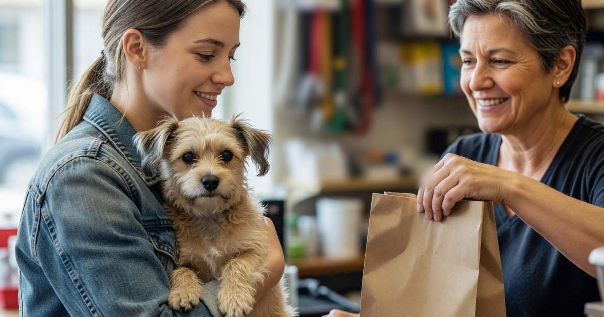 A young woman at a pet store checkout counter holding her small dog in her arms while a smiling staff member hands her a plain brown paper bag, illustrating pet store loyalty programs in Canada.