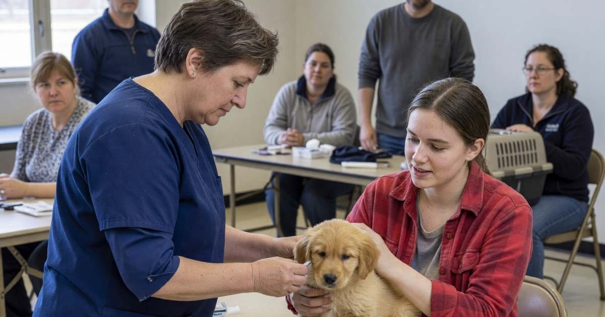 A vet giving a vaccine to a puppy held by its owner at a community clinic, illustrating pet vaccine costs and low-cost rabies clinics.