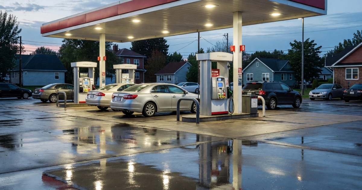 A gas station forecourt at dusk with cars at the pumps and the canopy lit, illustrating whether Petro-Points Platinum is worth it in 2026.