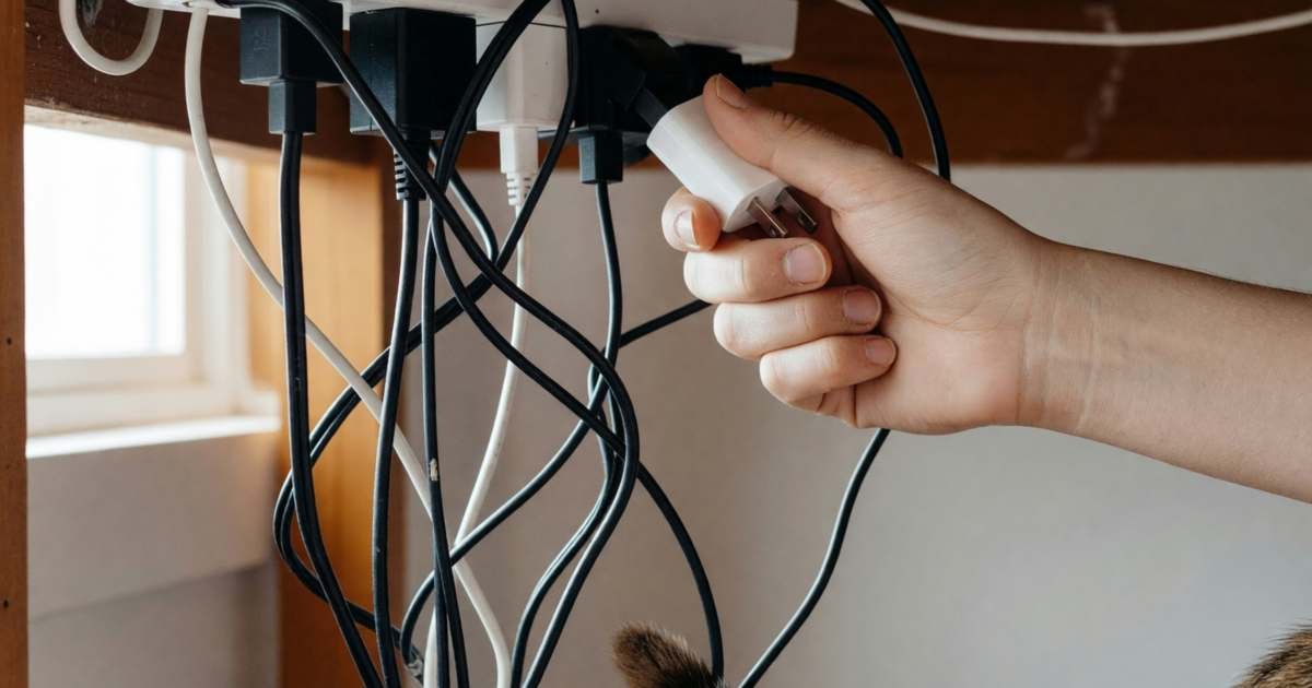 A hand unplugging several chargers from a power bar under a desk, illustrating finding phantom loads and vampire power in Canadian homes.