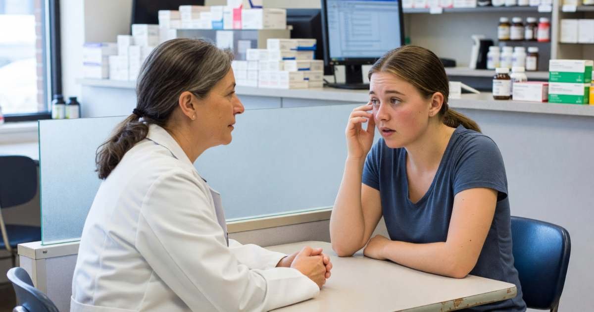 A pharmacist talking with a young woman in a private consultation area, the woman describing an itchy eye, illustrating pharmacist prescribing for minor ailments in Ontario.