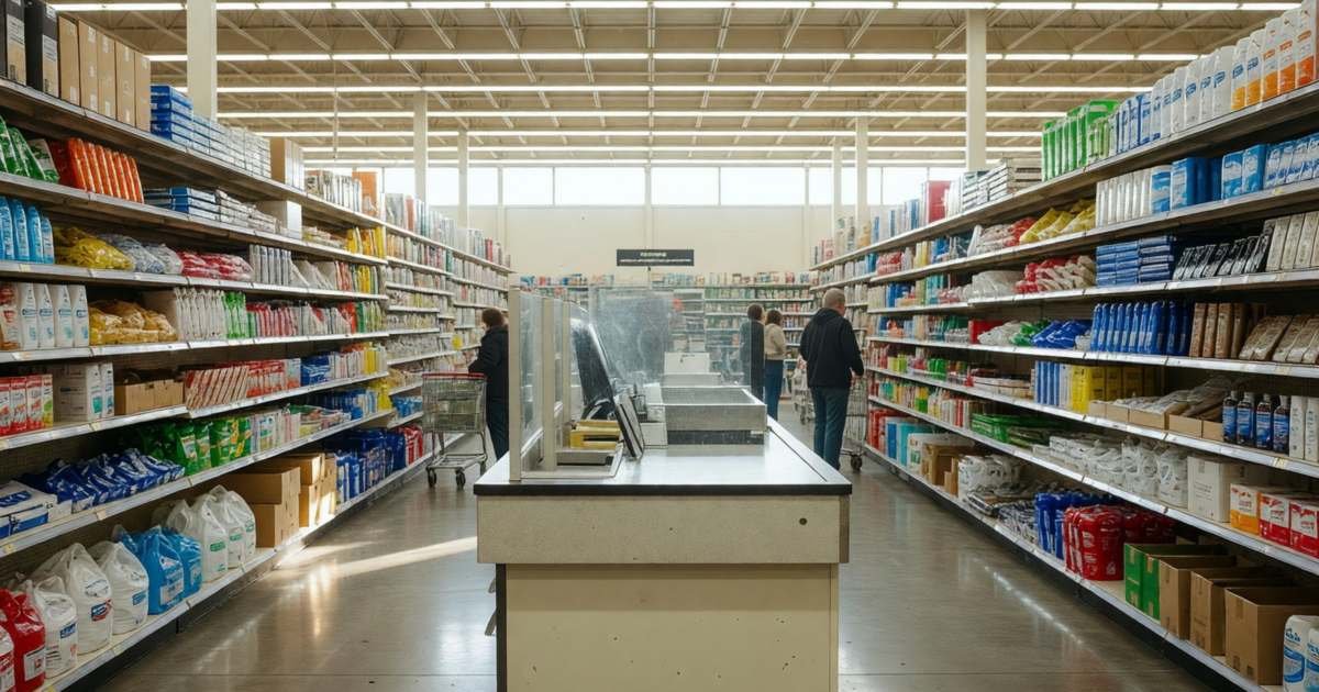A warehouse store's pharmacy counter at the end of a wide aisle, illustrating comparing pharmacy dispensing fees in Canada.