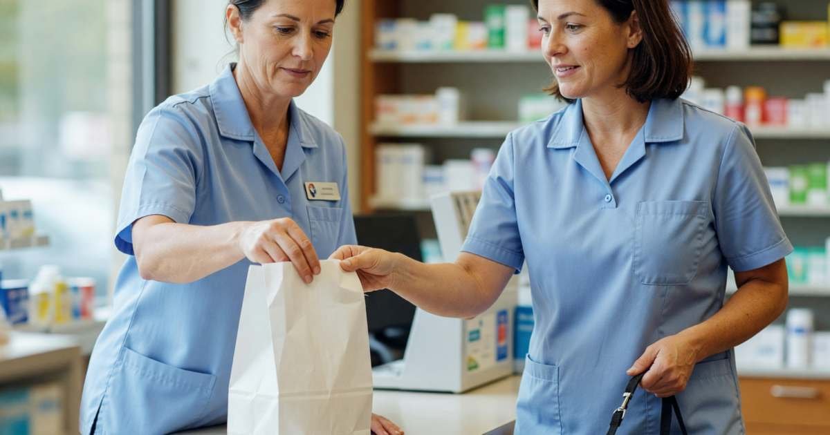 A pharmacist handing a white bag to a woman with a small dog on a leash at the counter, illustrating filling a pet's prescription at a regular pharmacy.