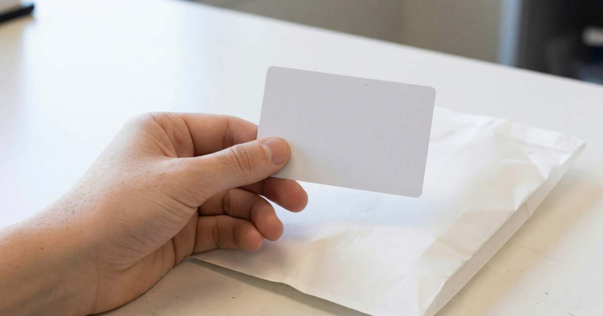 A hand holding a blank loyalty card next to a white prescription bag on a pharmacy counter, illustrating pharmacy loyalty points on prescriptions in Canada.