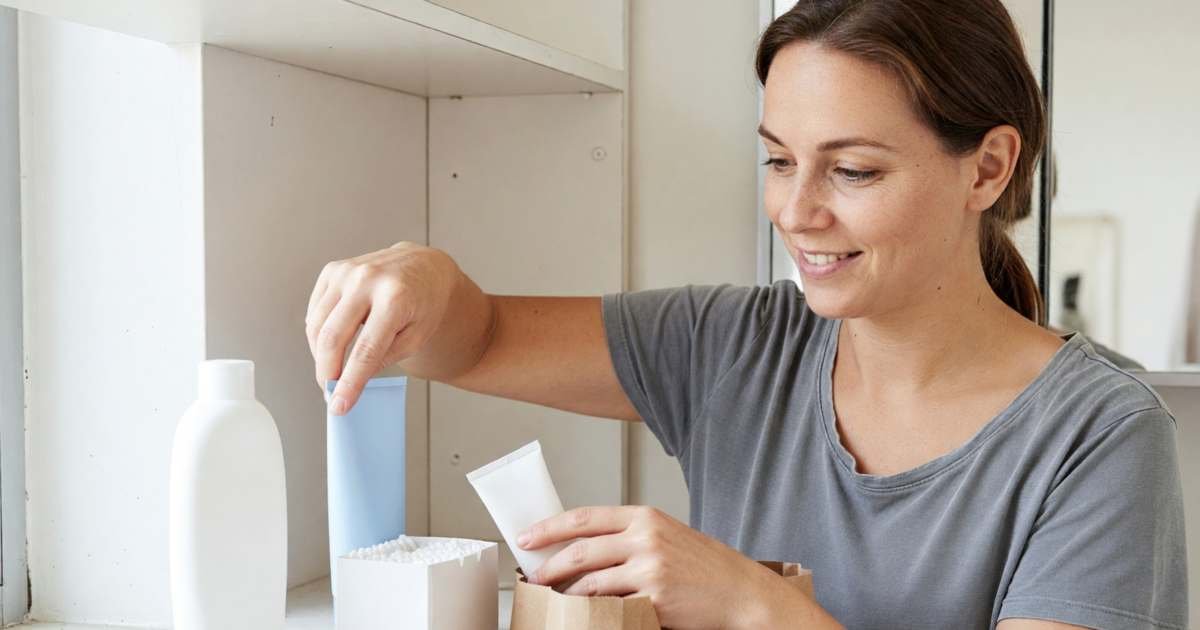 A woman unpacking a paper pharmacy bag of plain store-brand toiletries onto her bathroom shelf: shampoo, body wash, cotton swabs and toothpaste, illustrating switching toiletries to pharmacy store brands in Canada.