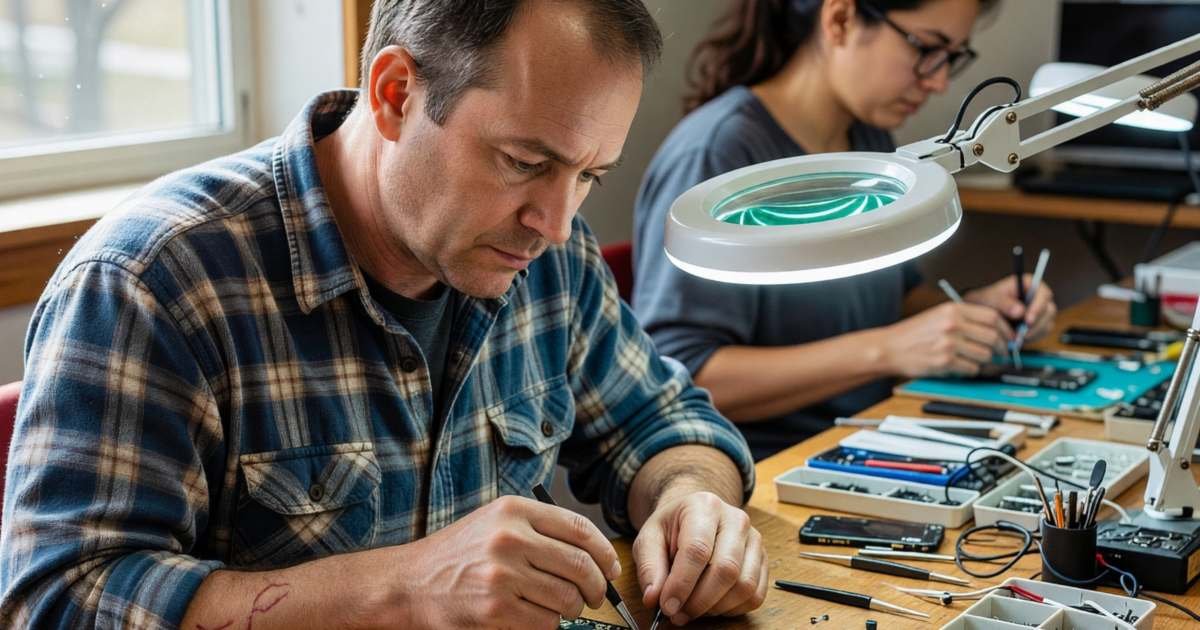 A technician replacing the battery of a smartphone at a repair shop bench with tiny tools, illustrating replacing a phone battery versus buying a new phone.