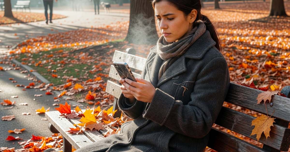 A young woman looking thoughtfully at her old phone while sitting on a park bench, illustrating reviewing your phone contract when it ends.