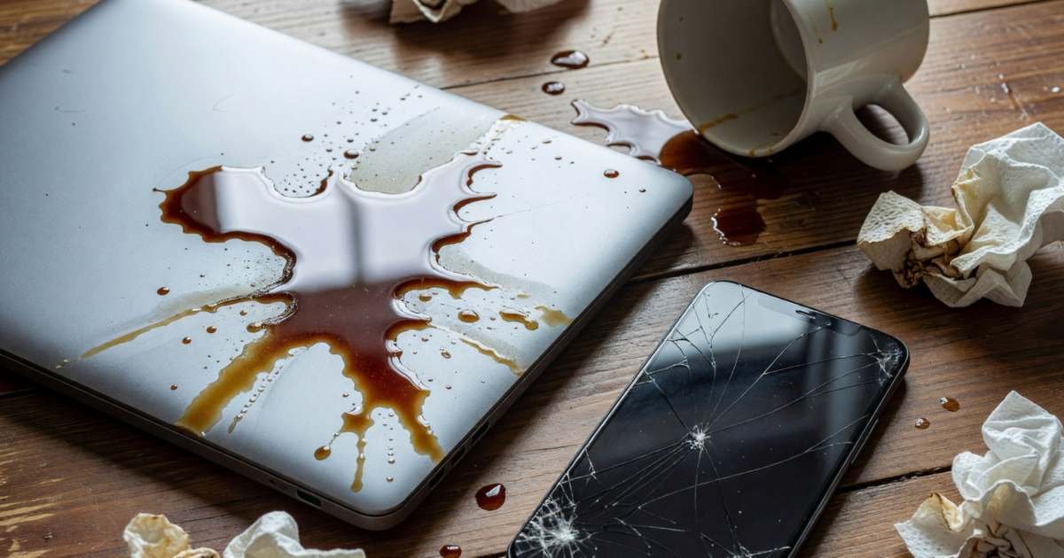 A smartphone with a badly cracked screen lying next to a closed laptop whose lid has a spilled coffee puddle on it, a tipped-over mug beside them on a wooden table, illustrating protecting a new phone or laptop, plans and credit card coverage.