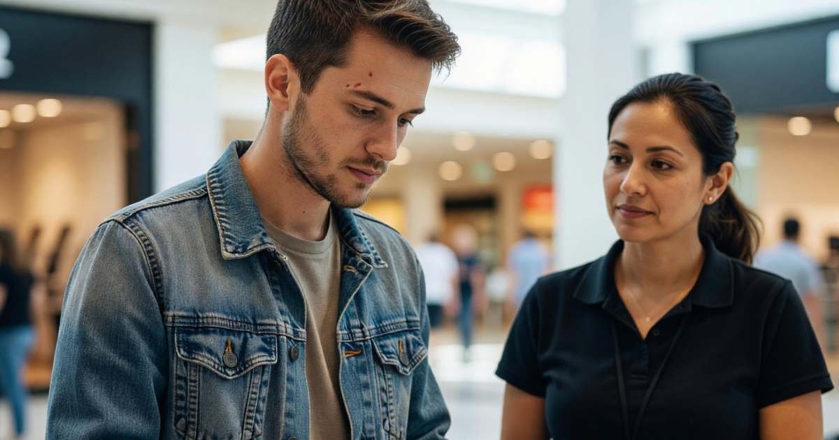 A young man at a phone store counter holding a new phone box and thinking it over, a sales associate waiting, illustrating buying a phone outright versus carrier financing.