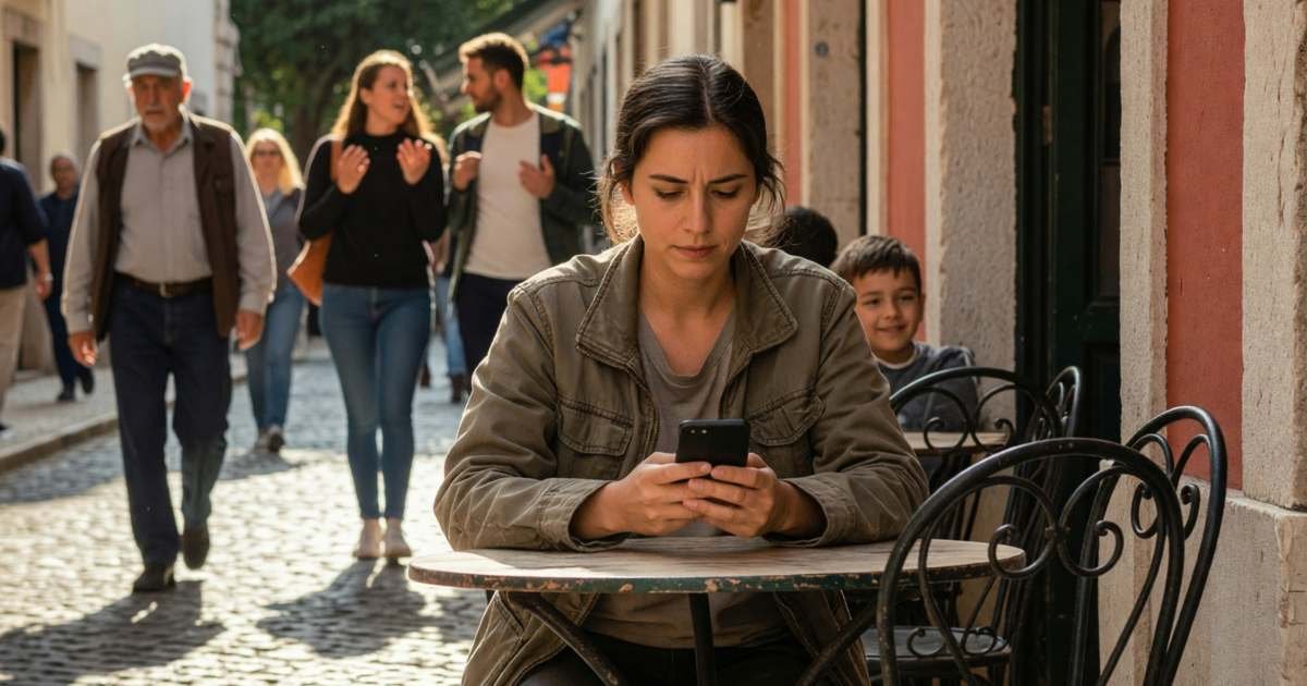 A Canadian traveller using her phone while sitting at a café in a foreign city, illustrating using your phone in the US and abroad.