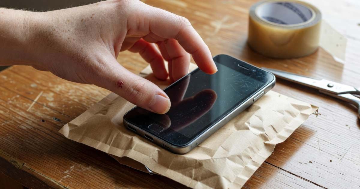 A hand placing an old smartphone into a small padded mailer on a table, illustrating trading in your old phone in Canada.