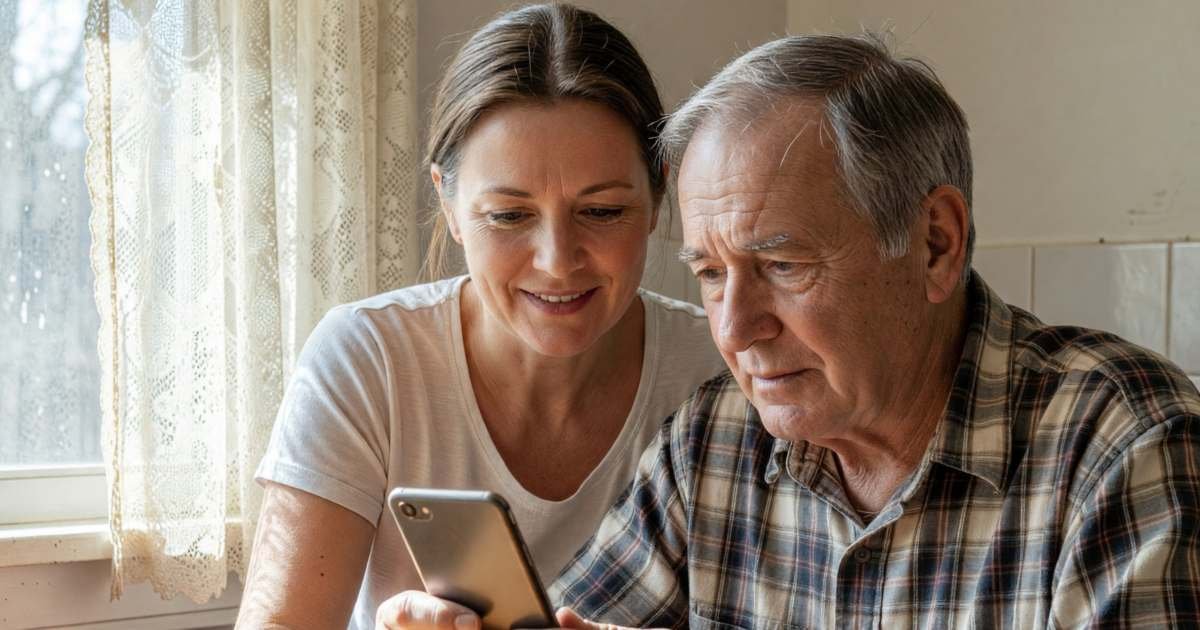 A woman showing her elderly father how to use a simple smartphone at his kitchen table, illustrating phones and plans for aging parents.