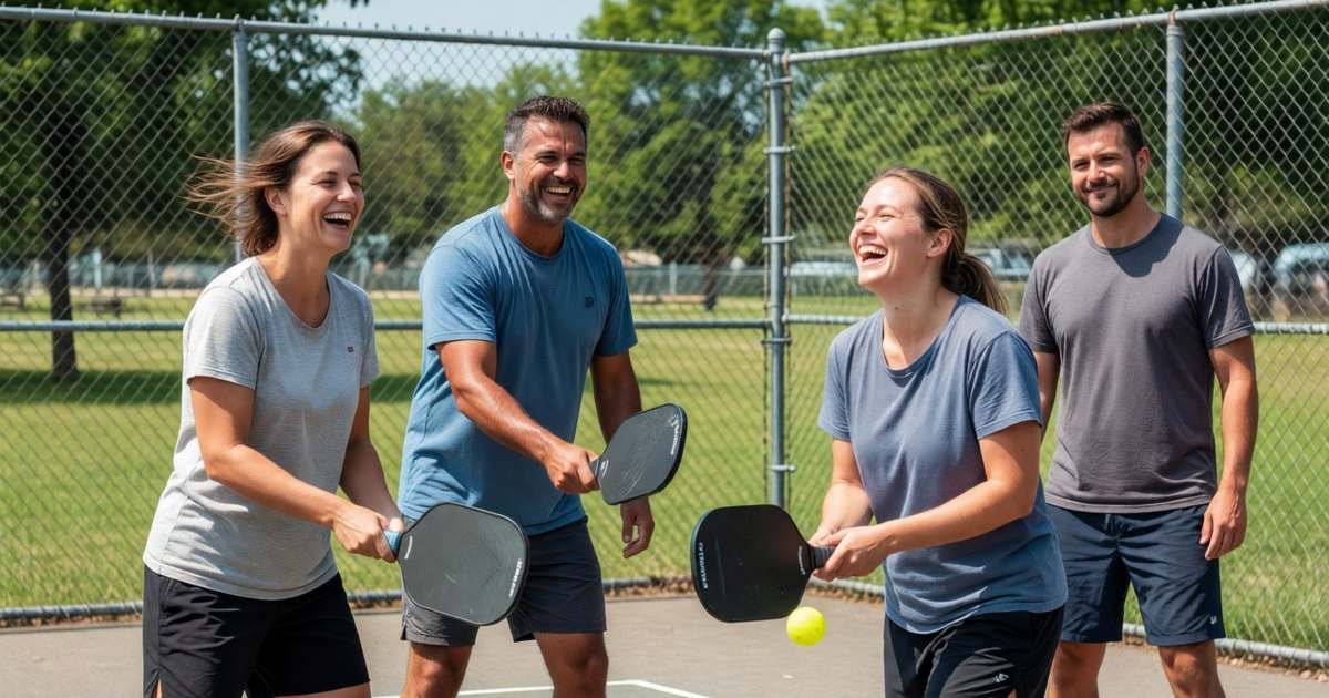 Four adults playing pickleball on an outdoor court, laughing, illustrating pickleball on a budget.