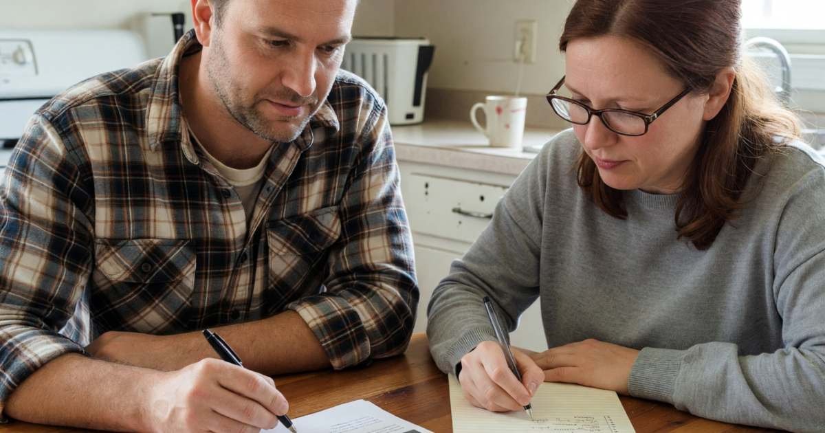 A couple sitting at a kitchen table with a stack of folded paper flyers, the man circling something with a pen while the woman writes a meal plan, illustrating planning a week of meals from Canadian grocery flyers.