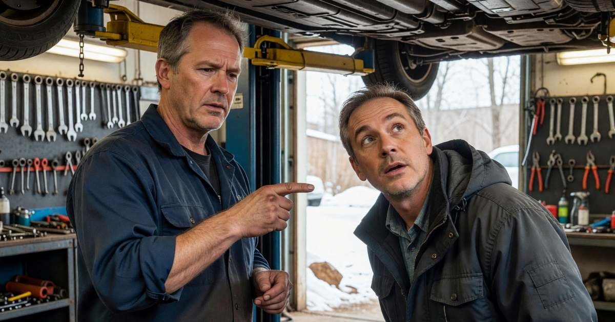 A mechanic showing a customer something underneath a car raised on a hoist, illustrating booking a pre-purchase car inspection in Canada.