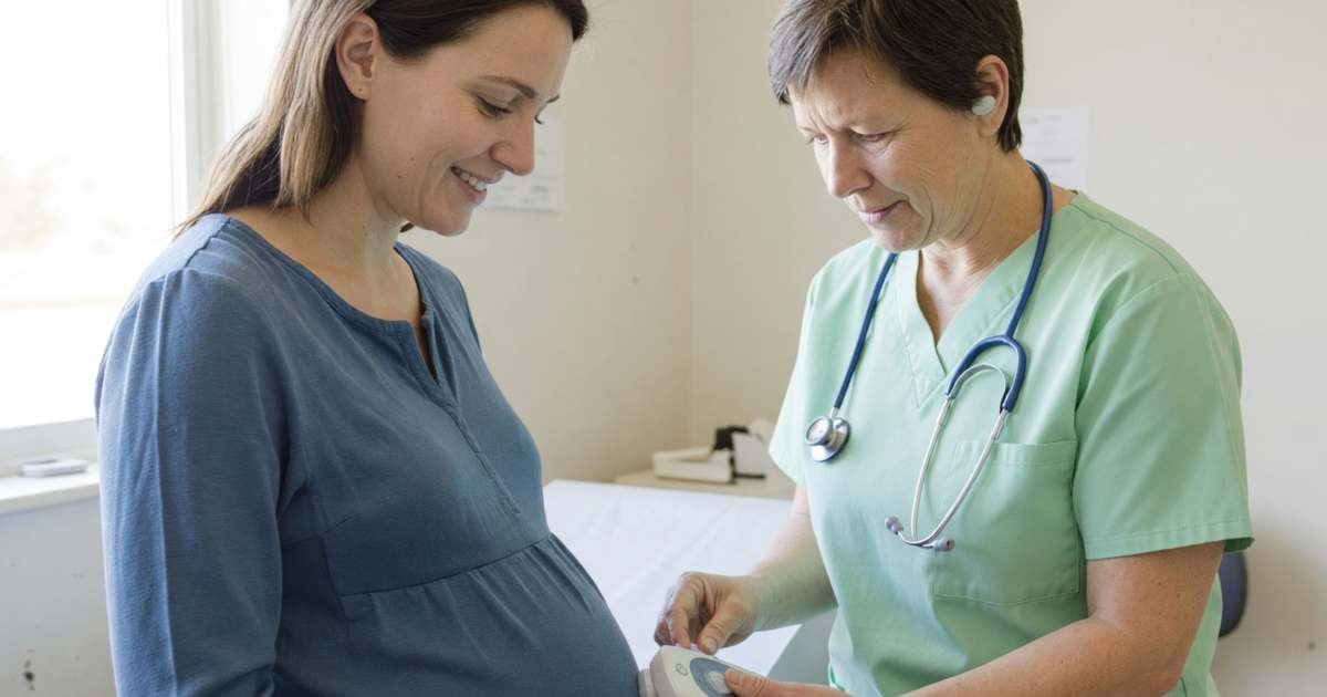 A pregnant woman at a prenatal check-up with a midwife listening with a fetal doppler, illustrating pregnancy costs and what provincial health plans cover.