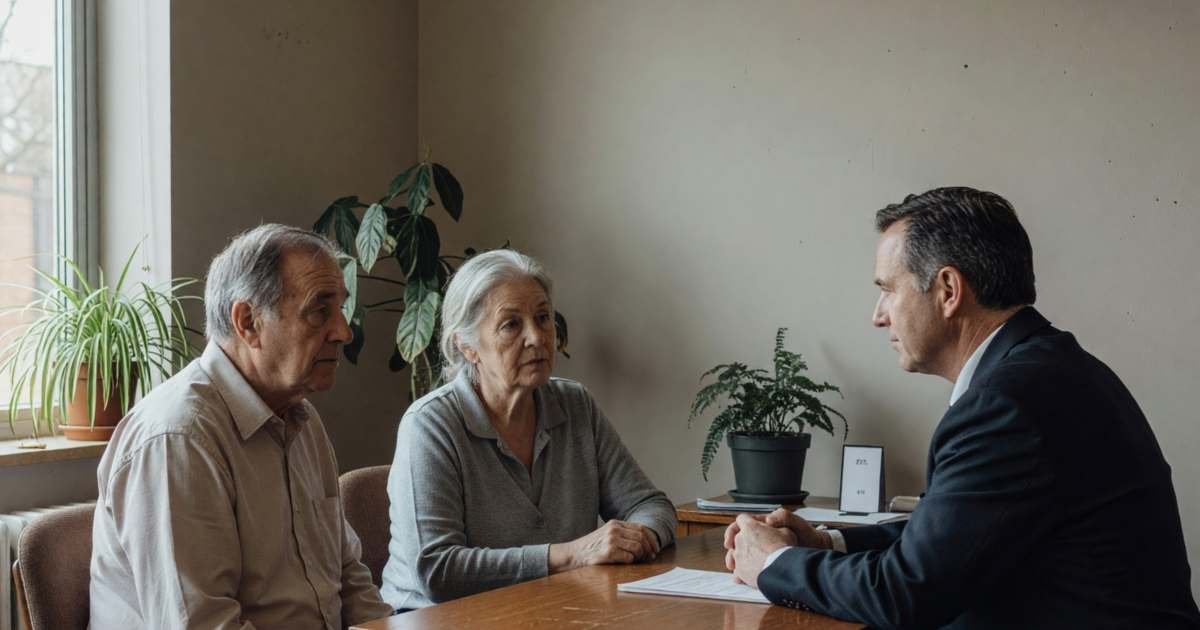 An older couple meeting with a funeral director in a calm office, illustrating prepaid funeral plans in Ontario.