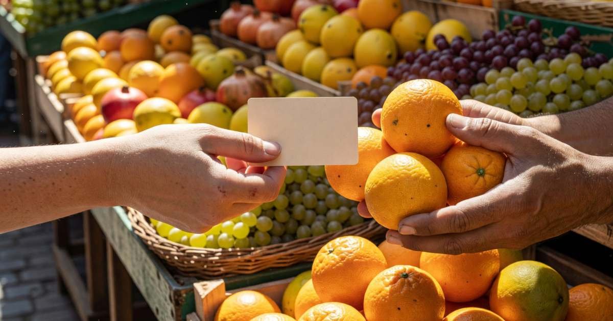 A hand paying with a plain card at a market stall abroad, the vendor handing over oranges, illustrating prepaid travel cards versus credit cards abroad.