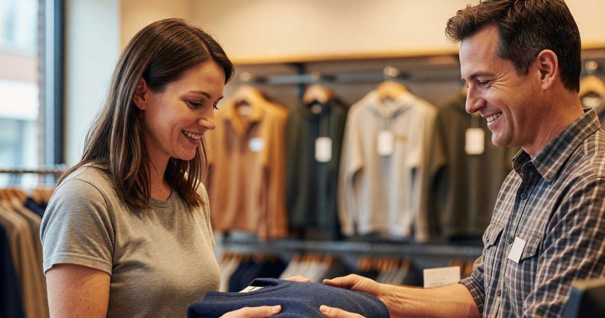 A woman at a clothing store checkout counter handing a folded navy sweater back to a smiling cashier, both looking at the sweater, illustrating asking for a price adjustment on clothing after a sale.