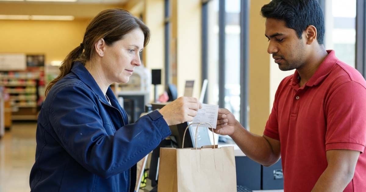 A woman at a store customer service counter showing her receipt to an employee, illustrating price adjustment policies in Canada.