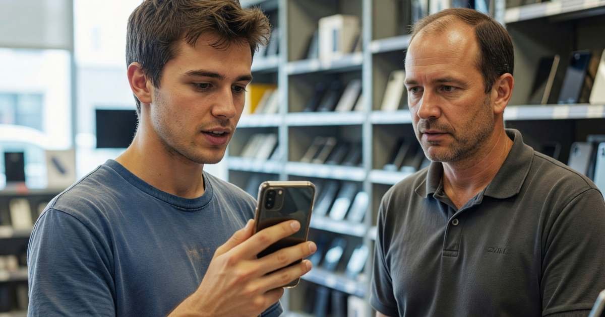 A young man in an electronics store holding his phone up to compare while talking to a sales associate, illustrating price matching household items in Canada.