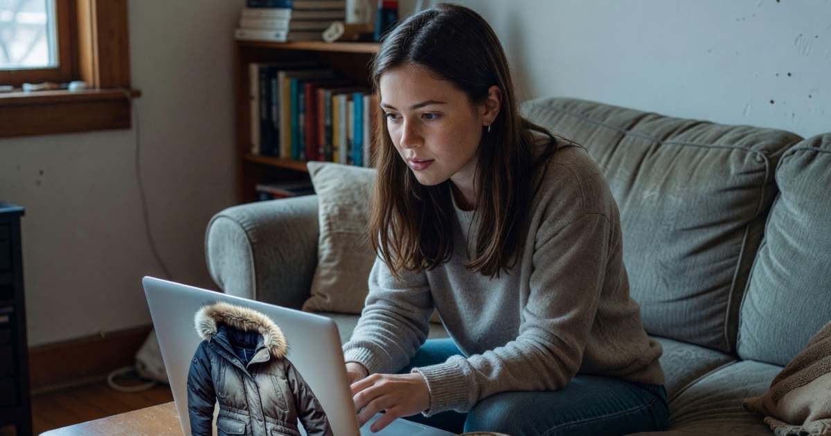 A young woman on her sofa looking at a winter coat on her laptop, illustrating price tracking for clothing and fake was-prices.
