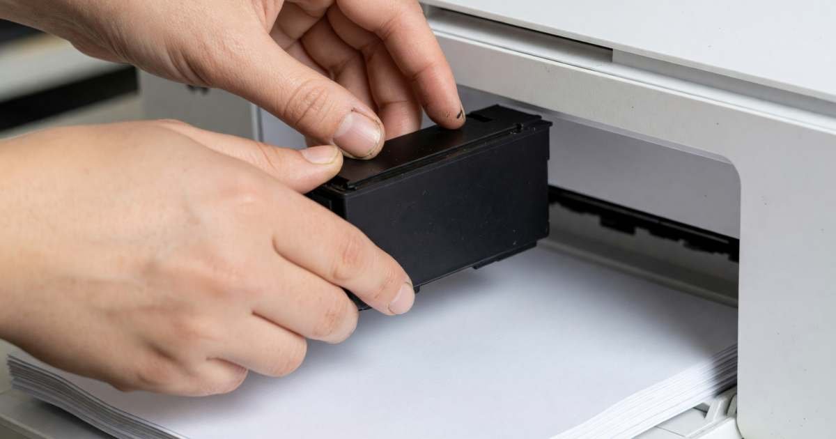 Close-up of hands sliding a plain unmarked black ink cartridge into the open bay of a white home inkjet printer, illustrating printer ink cost per page.