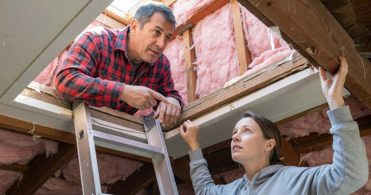A contractor and a homeowner standing in an attic hatch opening discussing the next upgrade, illustrating the order to tackle home energy upgrades in Canada.