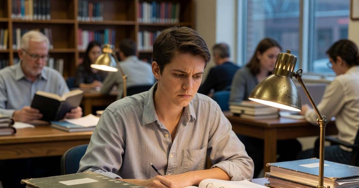 A young professional studying for an accounting exam at a library desk with thick binders, illustrating professional exam fees and the tuition tax credit.