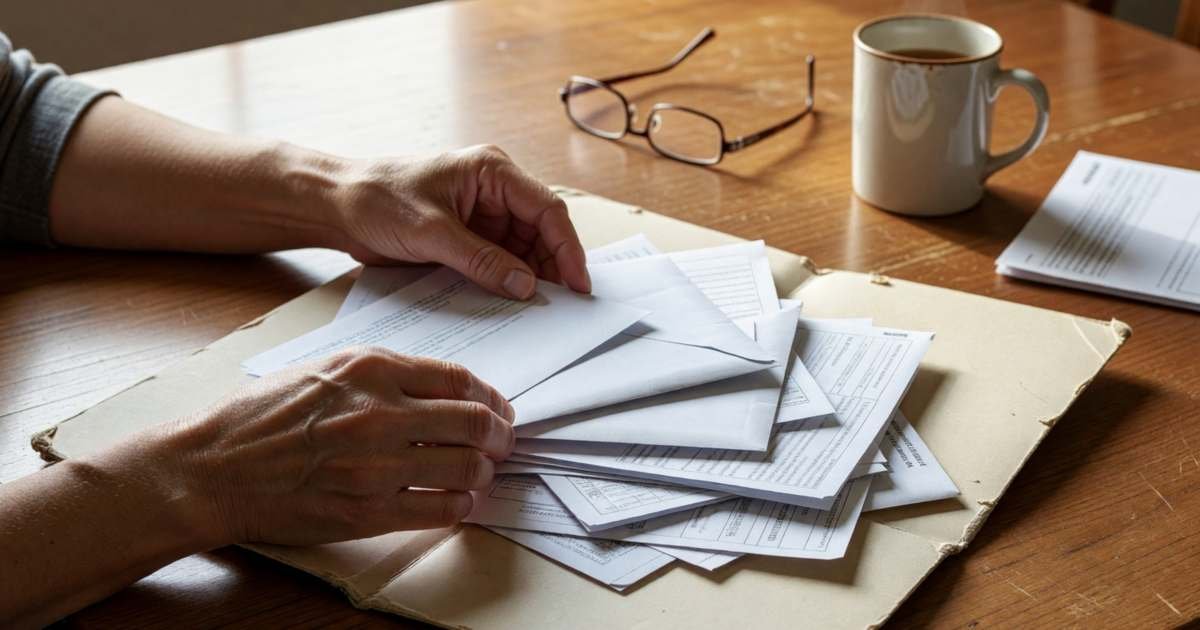 Hands sorting household bills into a plain accordion folder on a dining table, illustrating paying property tax through the mortgage or yourself in Canada.