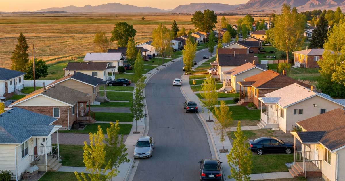 A winding residential street of modest starter homes with mountains or prairie skyline beyond, illustrating provincial first-time home buyer programs across Canada.