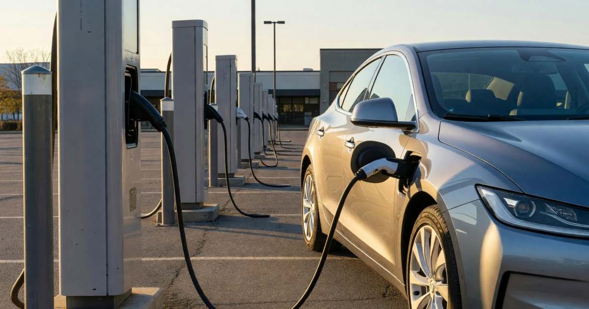 An electric car charging at a public fast-charging station in a shopping centre parking lot, illustrating public versus home EV charging costs in Canada.