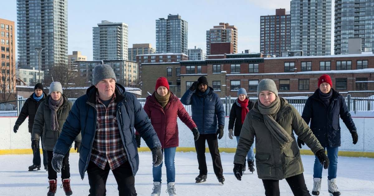 Adults skating at a public skating session on an outdoor rink, illustrating public skating and adult lessons.