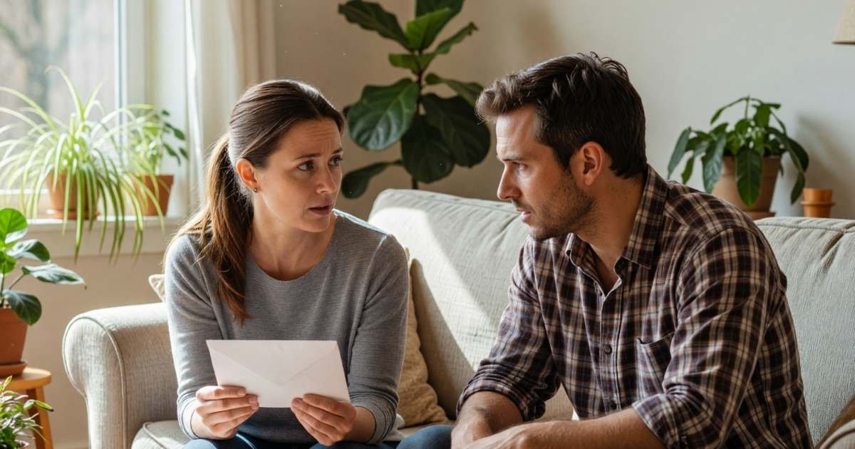 A couple sitting on their apartment sofa discussing something seriously, the woman holding a plain envelope, illustrating pushing back on a rent increase in Canada.