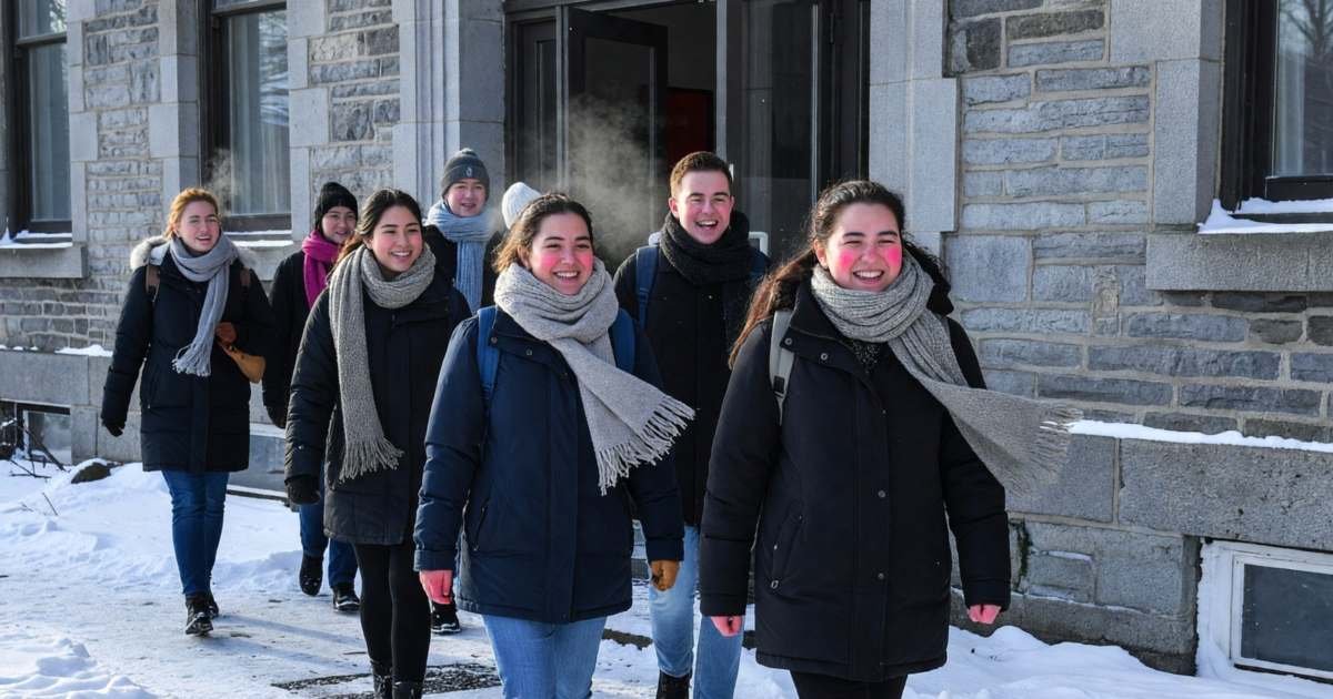 Students walking out of a CÉGEP building in winter, illustrating Québec AFE loans and bursaries.
