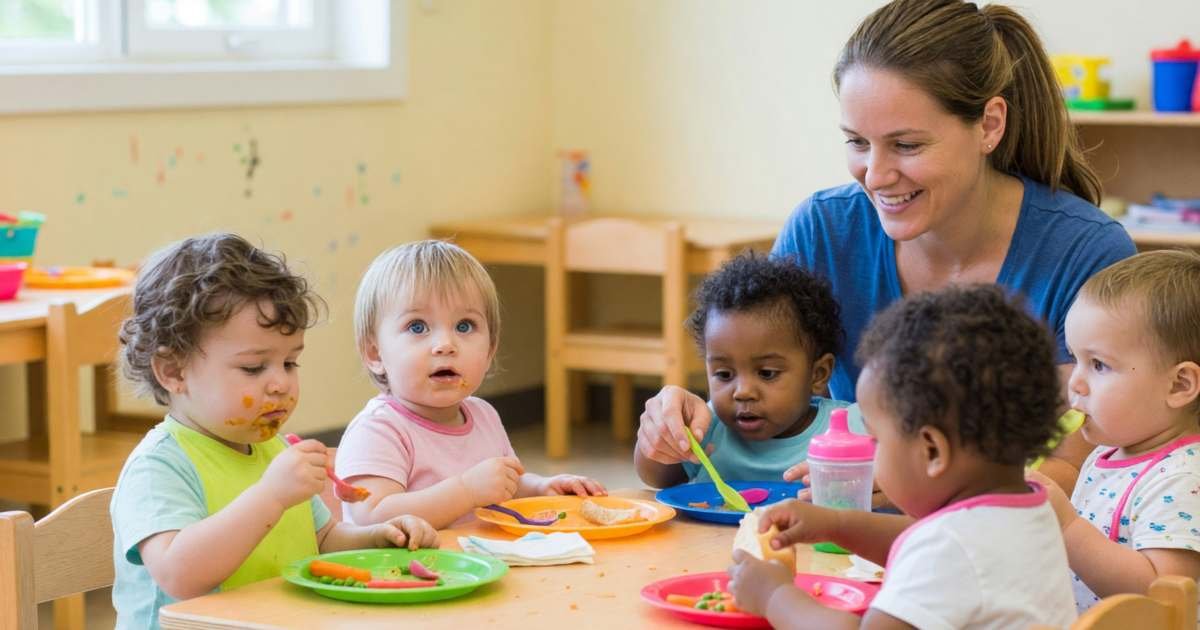 Toddlers eating lunch at a small table in a daycare with an educator, illustrating Québec daycare costs and reduced-contribution spaces.