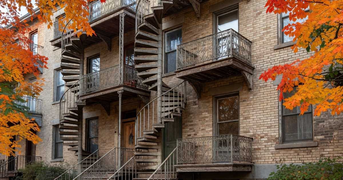 A classic Montréal triplex with exterior spiral staircases and wrought-iron balconies, illustrating Québec lease assignment versus sublet rules.