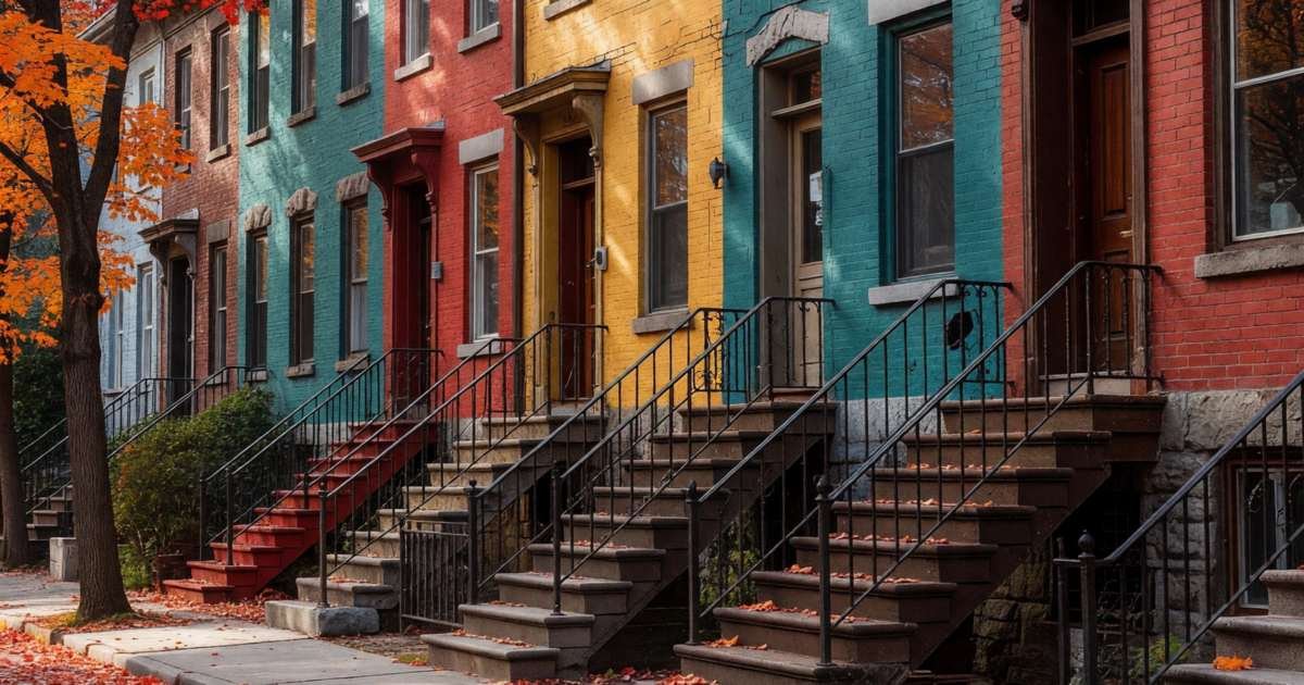A classic Montreal residential street with colourful row houses and iconic curving outdoor staircases, illustrating Quebec personal finance differences.