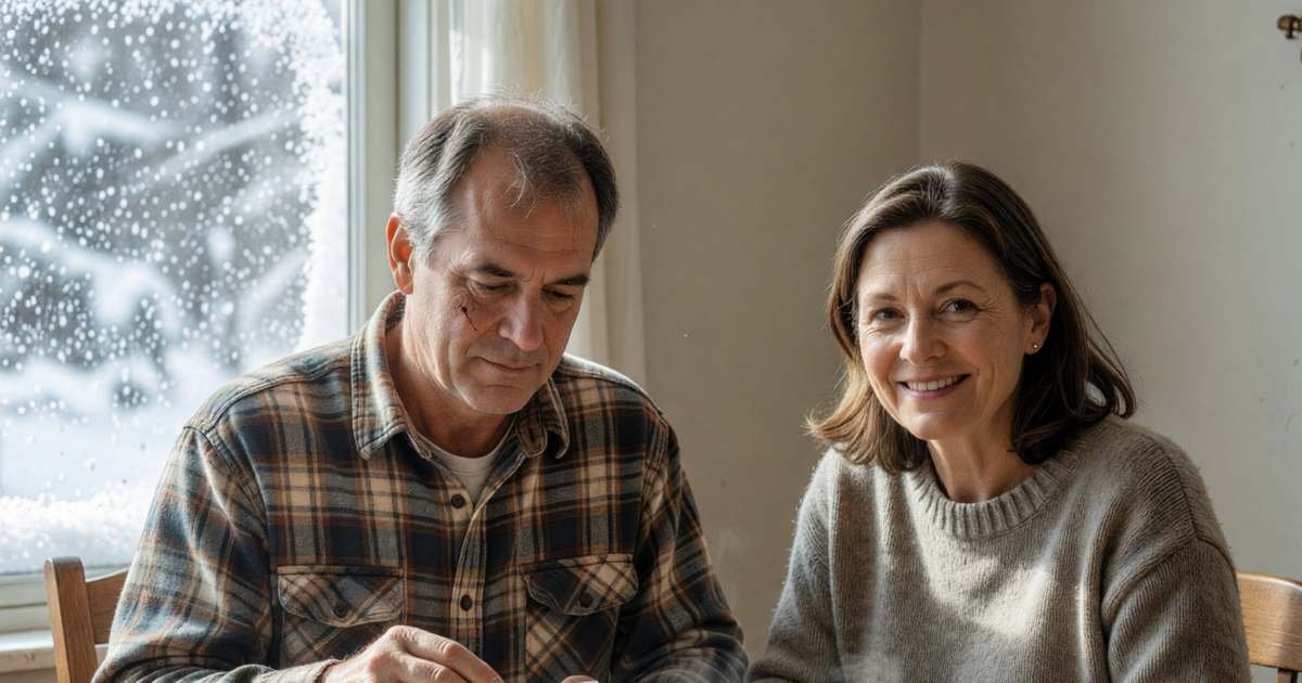 A Québec couple in their fifties at their kitchen table, the man holding a pill organizer, illustrating Québec's public prescription drug plan in 2026–27.
