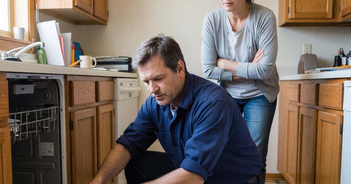 A technician repairing a dishwasher in a home kitchen while the homeowner watches, illustrating Québec's new legal warranty of good working order.