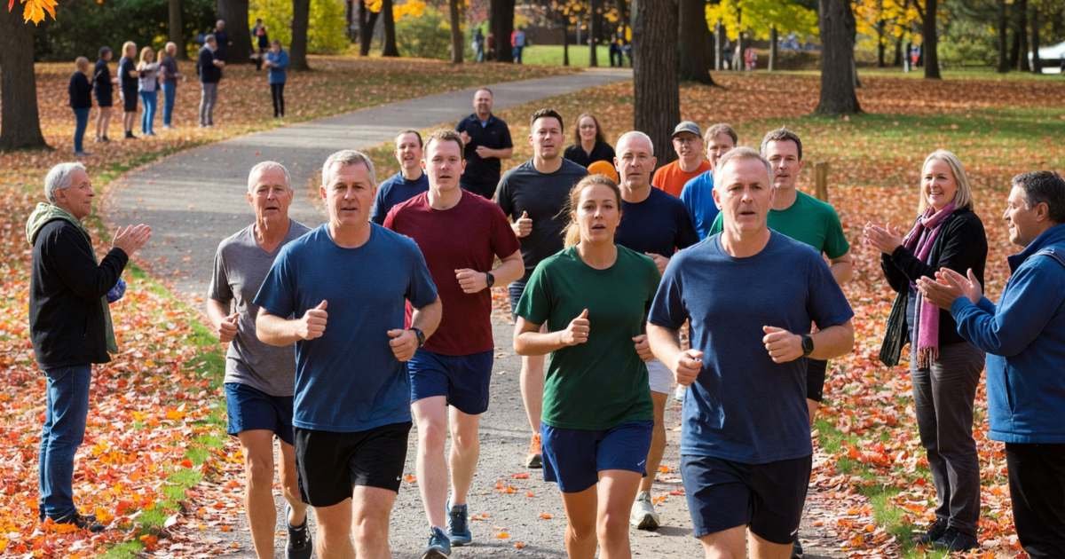 A small group of recreational runners in plain solid-colour unbranded t-shirts and shorts jogging along a park path during a community fun run, illustrating running race entry fees.